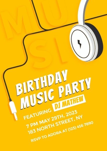 happy birthday, events, celebrate, Yellow Headset Music Birthday Party Invitation Template