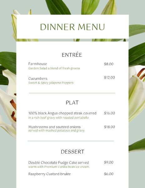绿色花卉晚餐菜单 英文菜单