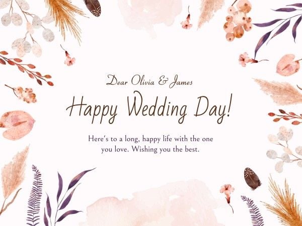 ピンク水彩植物結婚式 メッセージカード