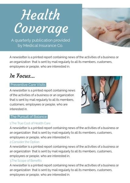 recovery center, hospital, healthcare, Blue Health Coverage Newsletter Template
