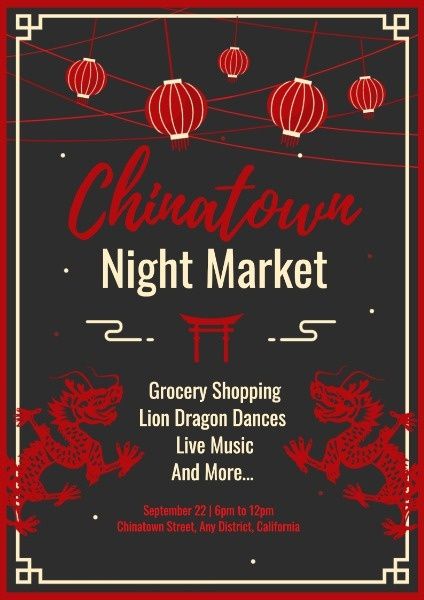 Customizable Red And Black Chinatown Night Market Poster Templates ...