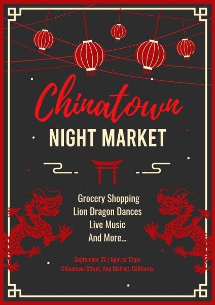 show, food, chinese, Red And Black Chinatown Night Market Poster Template