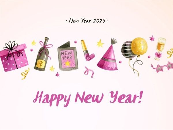粉红色水彩插图新年快乐 电子贺卡
