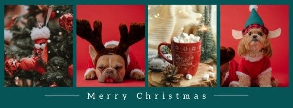 greeting, celebration, dog, Green Christmas Holiday Photo Collage Facebook Cover Template