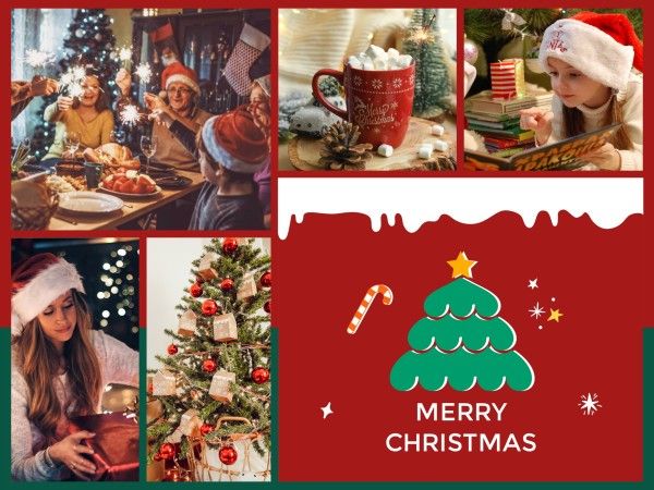 レッドメリークリスマス家族写真コラージュ メッセージカード