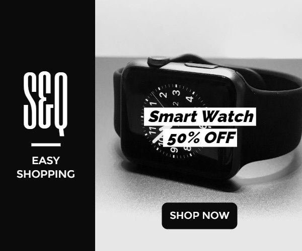 shopping, electronic, shop, Online Sale Black Smart Watch Banner Ads Medium Rectangle Template