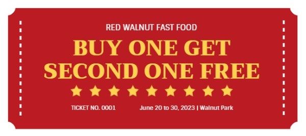 ticket, event, promotion, Red Fast Food Buy One Get One Free Coupon Code Gift Certificate Template