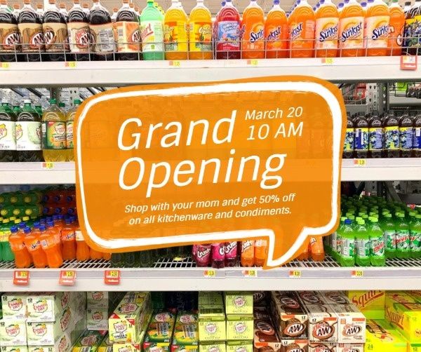 store, shop, mall, Orange Market Grand Opening Sale Facebook Post Template