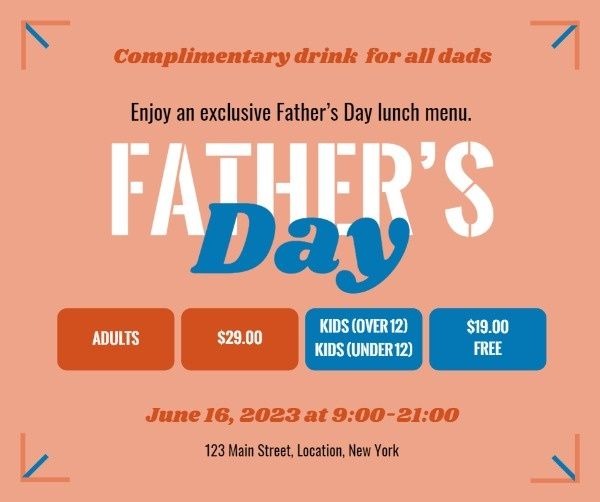 party, lunch, dinner, Orange Father's Day Restaurant Sale Facebook Post Template