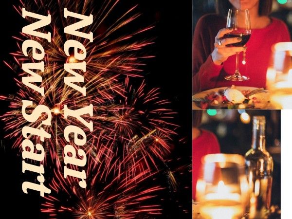 赤い新年の花火を飲む写真のコラージュ フォトコラージュ 4:3