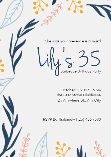 シンプルな葉 35 歳の誕生日 招待状