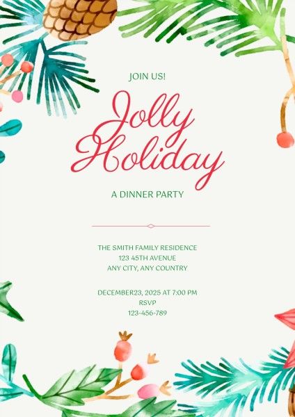 christmas, xmas, event, Green Plant Floral Holiday Party Invitation Poster Template
