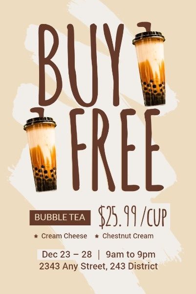 bubble tea, milk tea, promotion, Bobble Tea Buy One Get One Free Pinterest Post Template