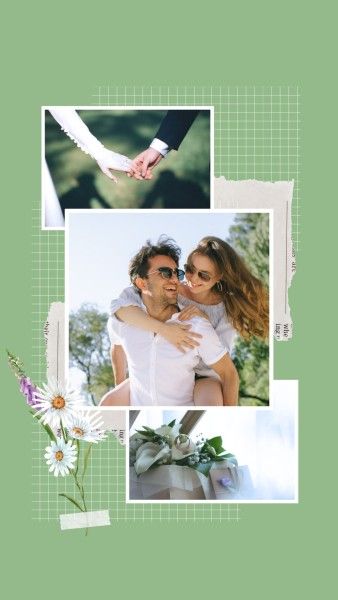 love, lover, couple, Green Floral Vintage Scrapbook Collage Photo Collage 9:16 Template