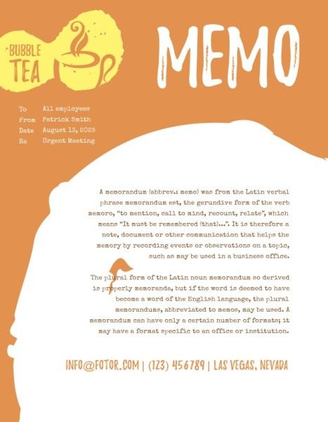 drink, business, work, Yellow Bubble Tea  Memo Template