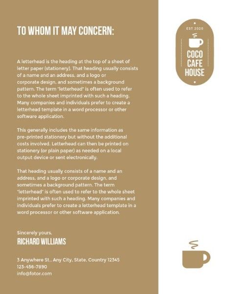 2020, advertisement, business, Brown Cafe House Greeting Letter Letterhead Template