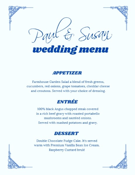 优雅的蓝色婚礼 英文菜单
