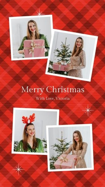 joy, happy, girls, Red Merry Christmas Holiday Gift Collage Photo Collage 9:16 Template