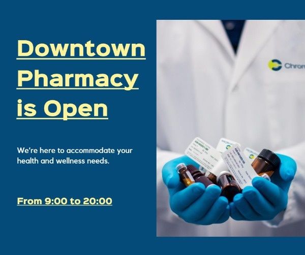 drug store, store, shop, Simple Downtown Pharmacy Opening Facebook Post Template