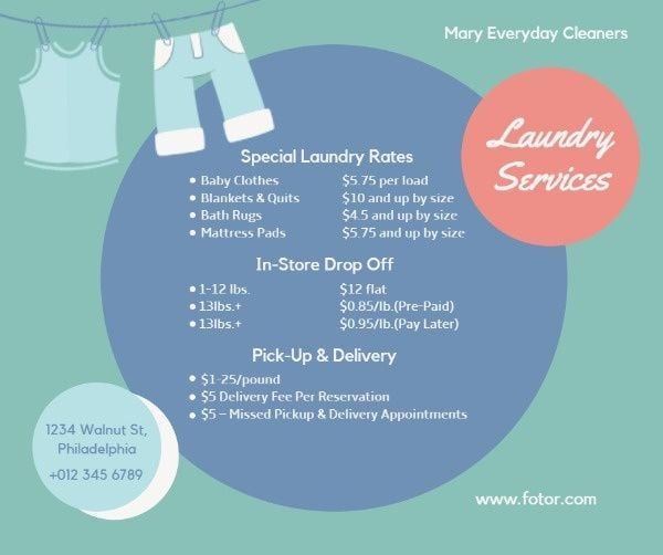 service, laundry service, cleaning, Laundry Store Price List Facebook Post Template