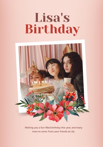 Pink Simple Floral Birthday Photo