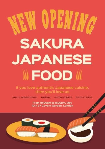 sushi shops, restaurants, opening, Japanese Restaurant Opens Poster Template