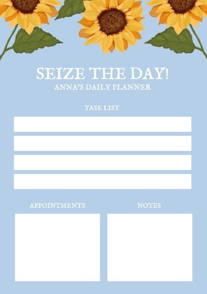 to do list, schedule, agenda, Blue Background Sunflower Planner Template