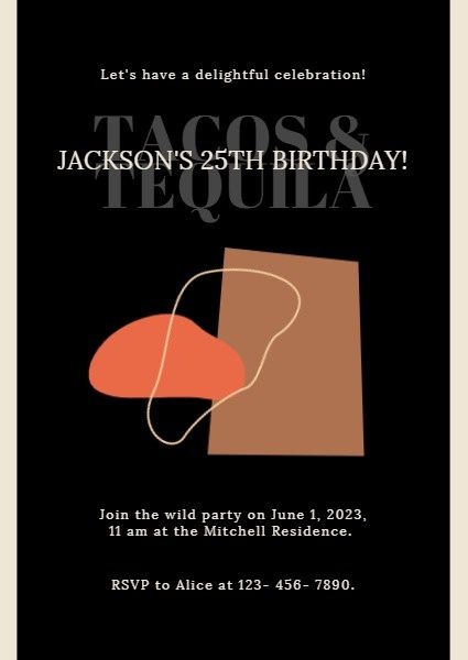 ブラックアーティスティックタコスとテキーラの誕生日招待状 招待状