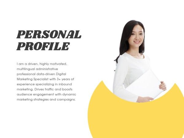 marketing, specialist, business, Yellow Resume Personal Profile Presentation 4:3 Template