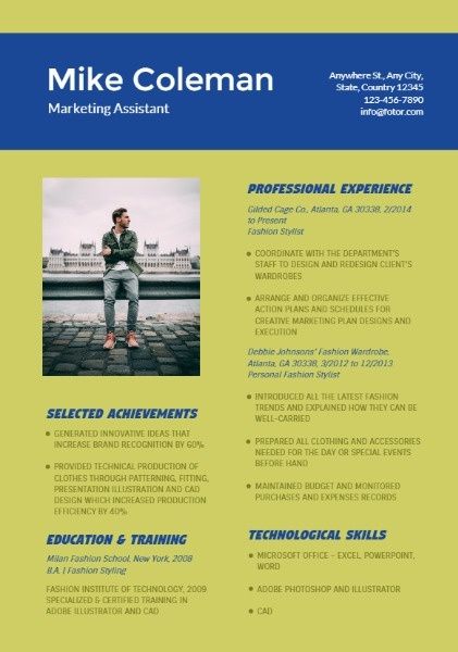 résumé, communication, cv, Marketing Assistant Green Blue  Resume Template