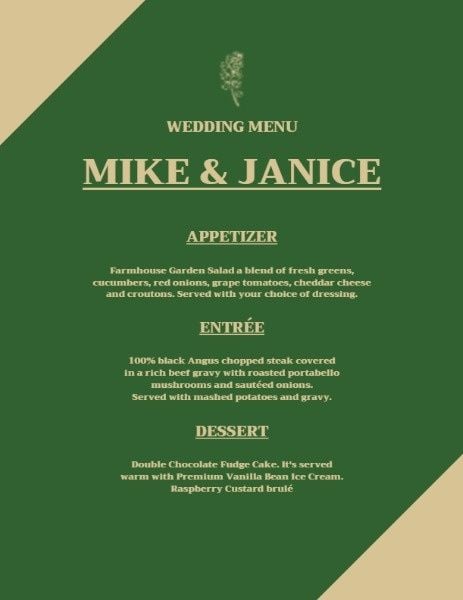 dinner, food, cuisine, Green Wedding Menu Template