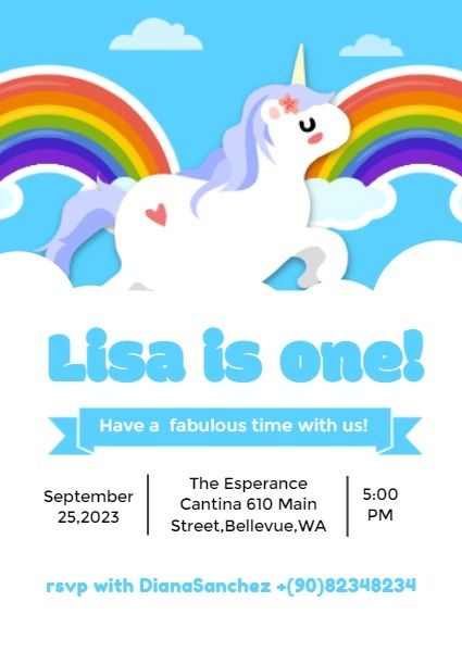 happy birthday, party, events, Blue Rainbow And Unicorn Baby One Year Old Birthday Invitation Template