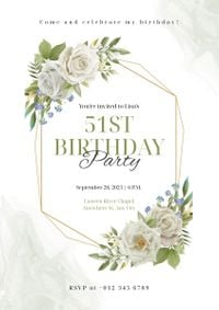 白と緑の水彩花柄の誕生日の招待状 ポスター
