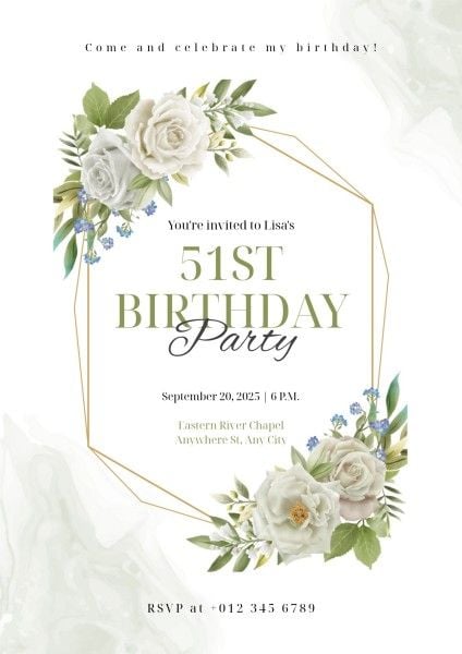 白と緑の水彩花柄の誕生日招待状 ポスター