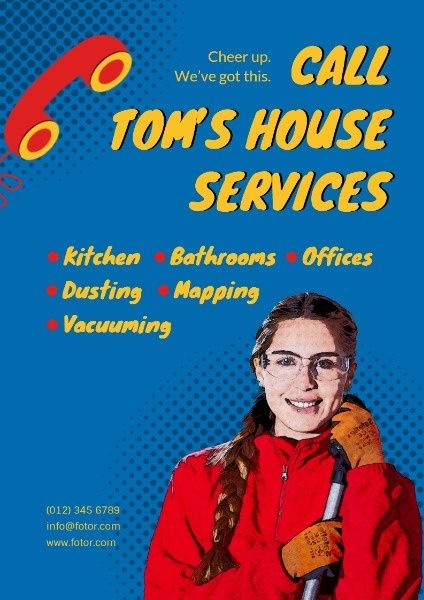 call, house services, chore, Blue House Cleaning Service Flyer Poster Template