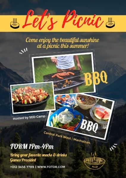 grills, barbecues, picnics, Summer Picnic And BBQ Party Poster Template