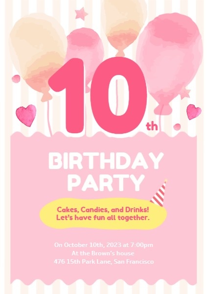 10 Years Old Pink Birthday Invitation Invitation
