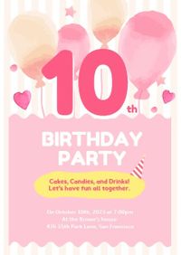 10歳ピンクの誕生日の招待状 招待状