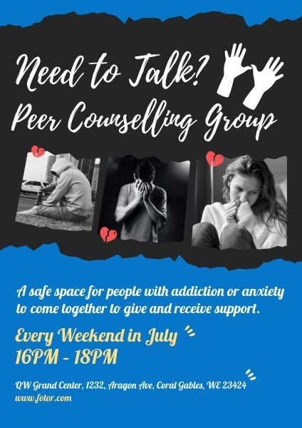 peers, alcohol withdrawal, mental health, Blue And Black Peer Counselling Group  Poster Template