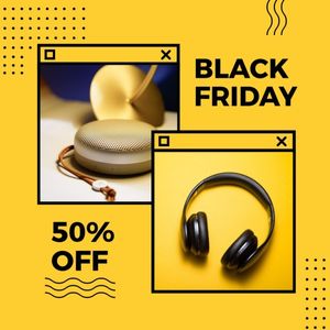 discount, promotion, commercial, Yellow Headphone Black Friday Sale Instagram Post Template