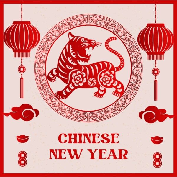 lantern, tiger, traditional chinese new year, Red Happy Chinese New Year Instagram Post Template