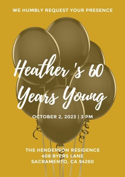 happy birthday, greeting, wishing, Yellow Balloon Sixty Years Old Birthday Invitation Template