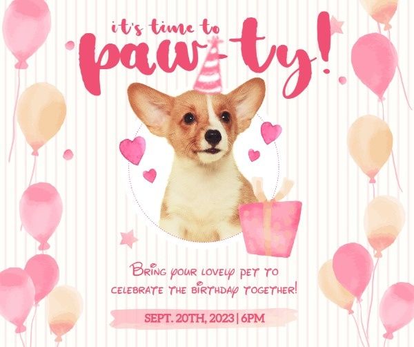 ピンクの犬の誕生日パーティーの招待状 Facebook投稿