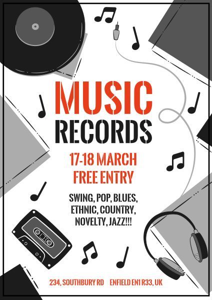 music store, discs, notes, Music Records Store Poster Template