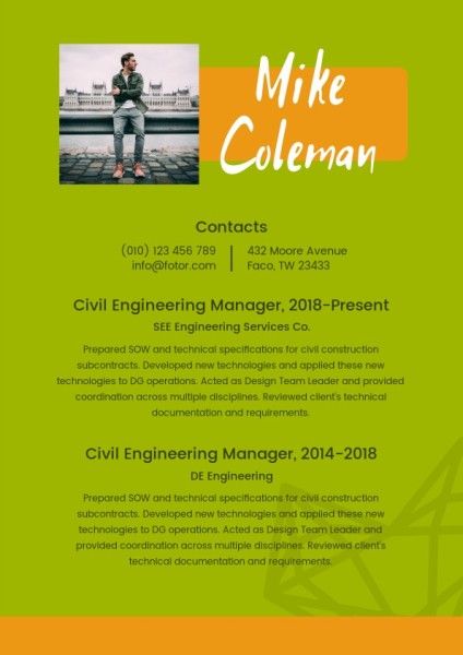 cv, job, work, Civil Engineering Manager Green Art Resume Template