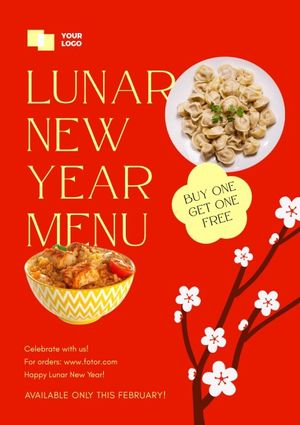 chinese new year, traditional chinese new year, year of the tiger, Red Happy Lunar New Year Menu Poster Template