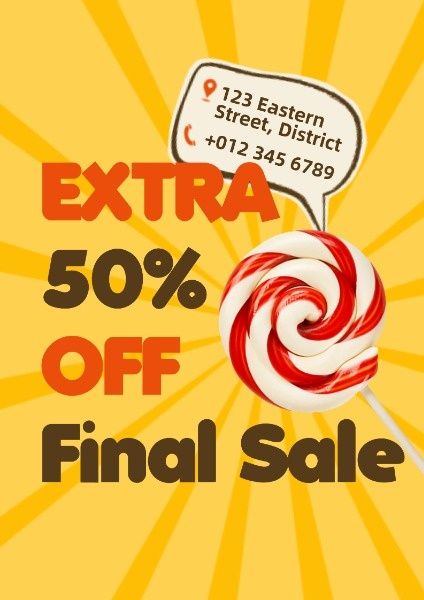 extra, promotion, food, Yellow Candy Store Discount Sale Poster Template