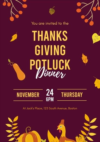 vacation, thank you, festival, Happy Thanksgiving Potluck Dinner Invitation Template