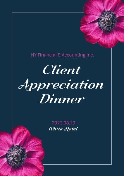 dinner, formal, frame, Pink Flower Blue Background Client Appreciation Party Poster Template