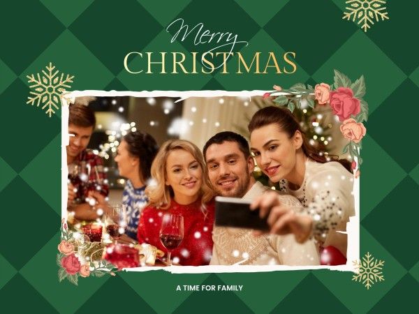 グリーンクリスマスの家族写真 メッセージカード